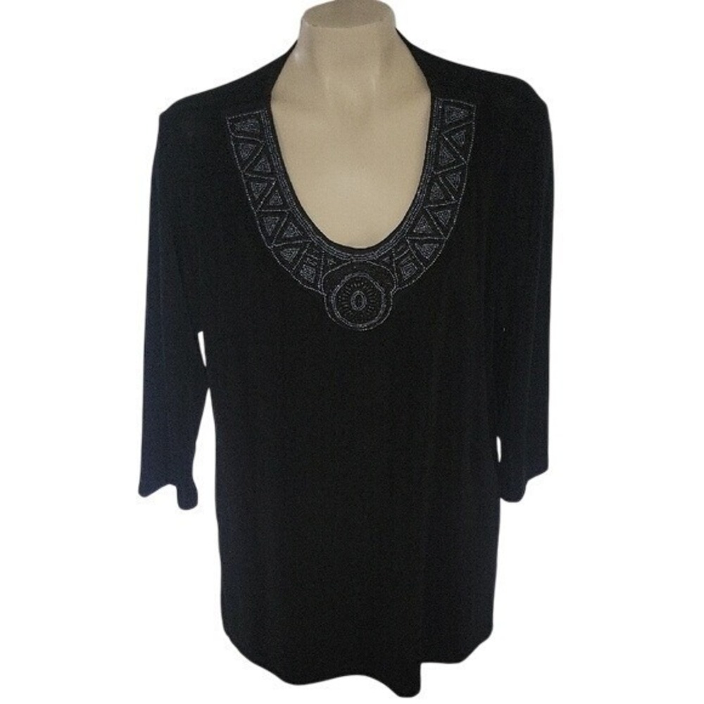 CHICO'S TRAVELERS NEW Black Beaded Embellished Blouse Slinky Plus Size 3X Mature